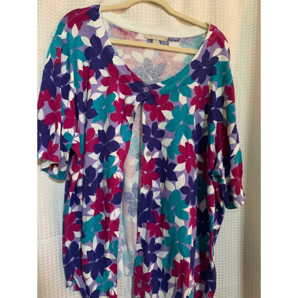 Woman Within Womens Plus 3X Floral Short Sleeve Cardigan Purple Magenta 30/32